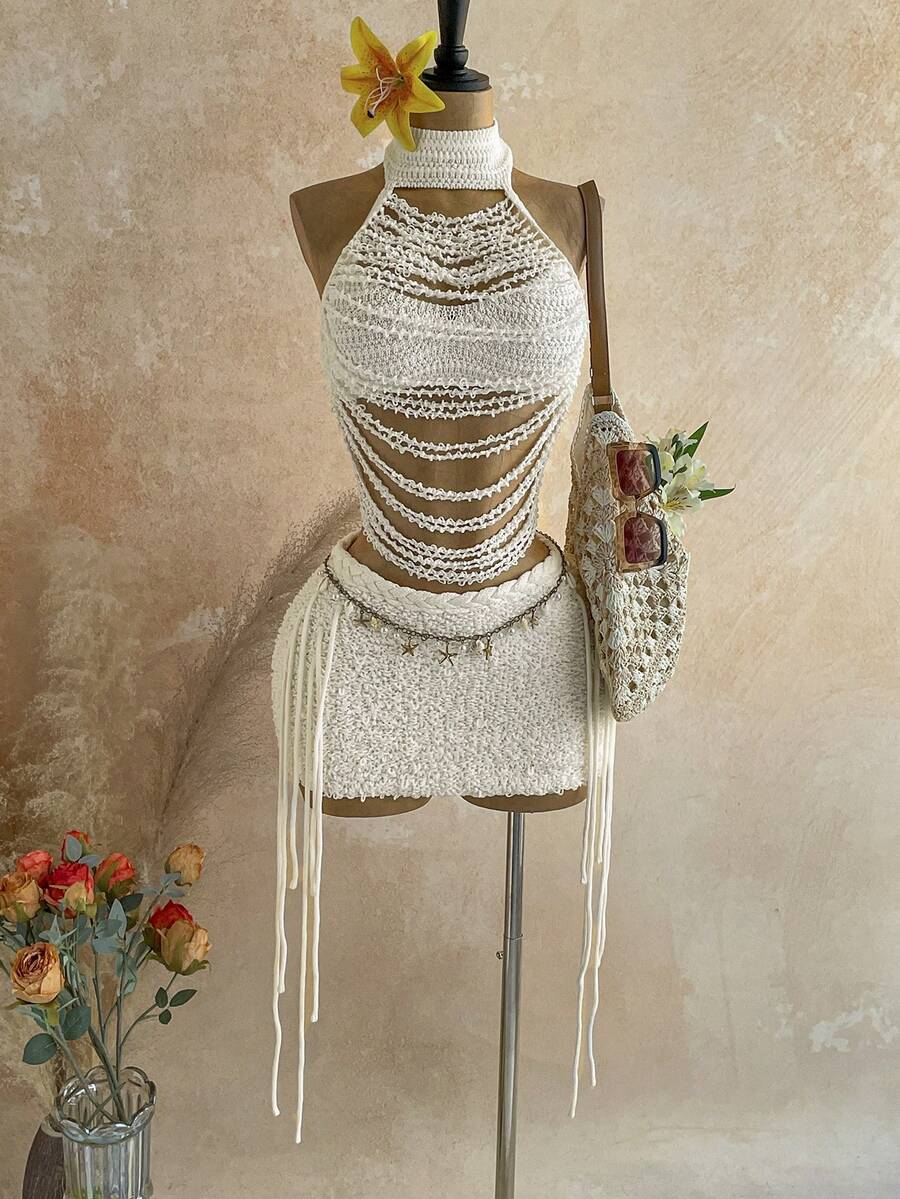 Soleia 女款白色兩件式毛衣套裝,優雅波希米亞熱帶風,流蘇掛脖高領設計,適合開學、休閒度假、西式海灘婚禮賓客、畢業早午餐、聖派翠克節、春假、復活節及音樂節穿搭 - 白色 - 查看 1