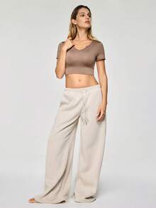 SHAPORA 1pc Women Coffee Brown V-Neck Tight Cropped Top - Coffee Brown - View 1