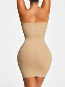 SHAPORA Robe moulante sans bretelle de couleur unie pour femmes - Nude - Voir 2
