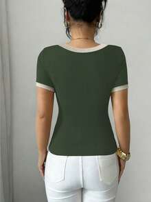 Elenzga Kaos Kasual Wanita Lengan Pendek Leher Bulat Potongan Slim Fit - Dark Green - View 6