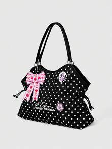 ROMWE Kawaii 1Pc Brown Cute Strawberry Bow Pendant Y2K Retro Polka Dot Letter Embroidery Badge Flower Print Women's Tote Bag, Large Capacity Women's Shoulder Bag - Black polka dot - View 2