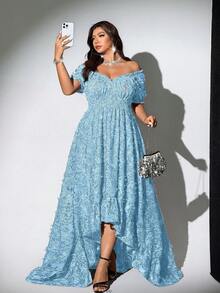 Viva Relle Plus Size Women's Off-Shoulder Short Sleeve French Vintage Youthful Sweet Sexy Dress - Blue - View 3