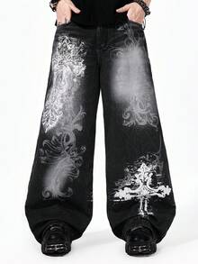 ROMWE MEN Jeans rectos de ajuste holgado con estampado lavado de peso pesado para hombres - Negro - Ver 4