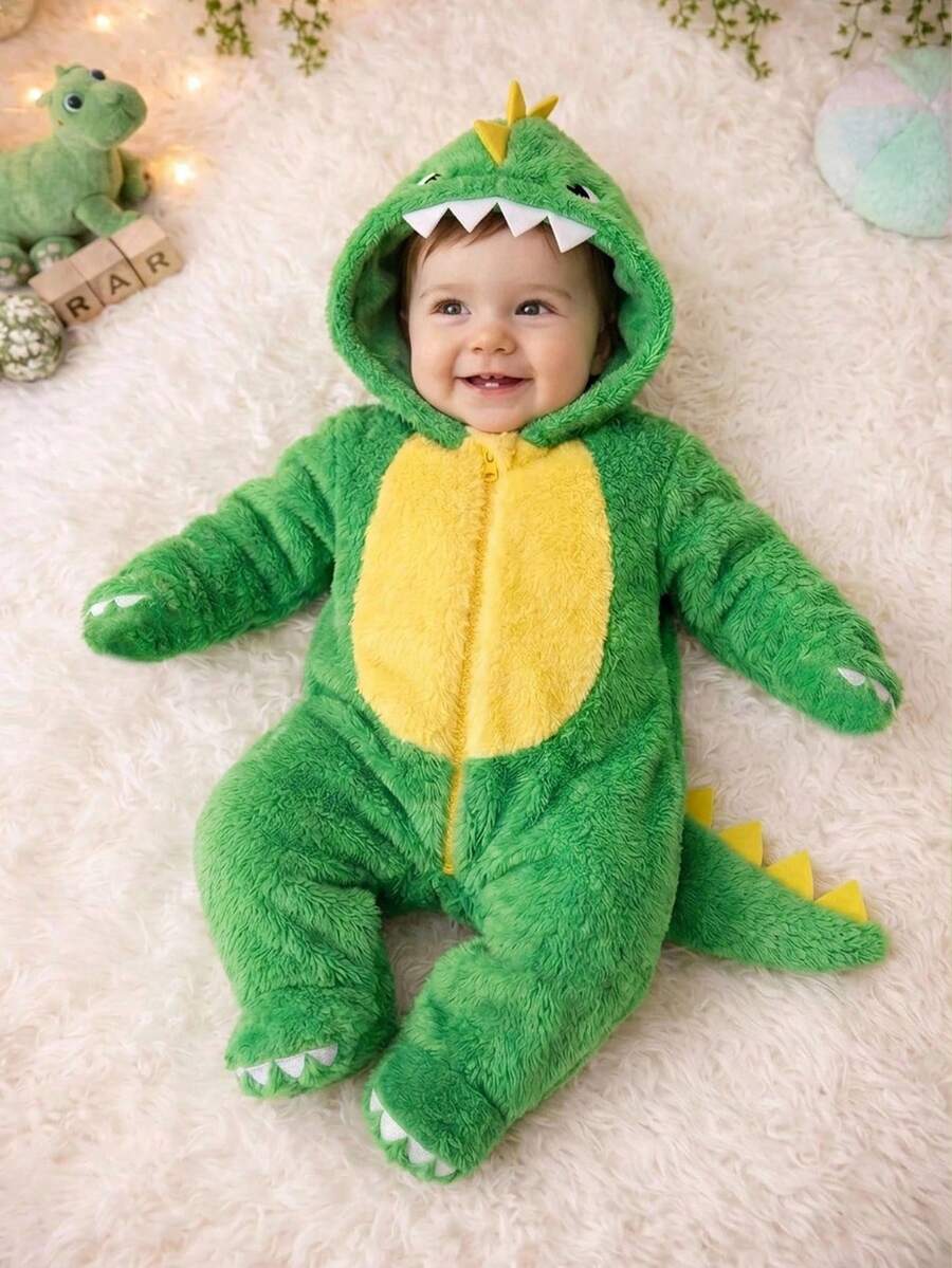 SHEIN Newborn Baby Boy/Girl Cute Autumn/Winter Colorblock Cartoon Hooded Fuzzy One-Piece Romper Costume - Green - View 1