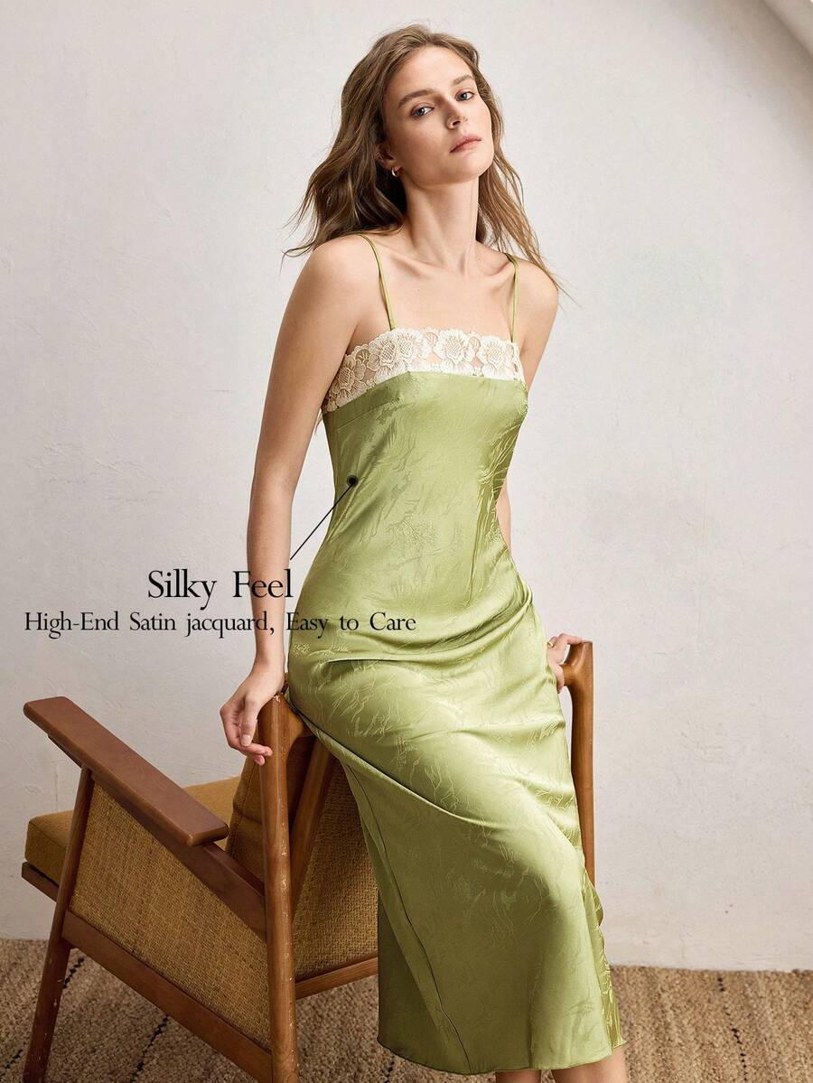 Ocili Bohemian Jacquard Satin Lace Minimalist V-Neck Sleeveless Long Nightgown, Comfortable Sleepwear For Women - Green - View 1