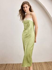 Ocili Bohemian Jacquard Satin Lace Minimalist V-Neck Sleeveless Long Nightgown, Comfortable Sleepwear For Women - Green - View 4