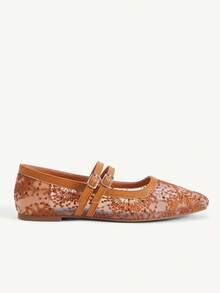CUCCOO CHICEST Spring And Summer New Brown Lace Mesh Double Strip Flat Shoes Fashionable And Elegant Commuting Versatile Comfortable Breathable Women's Shoes - Fireworks net H8 brown - View 3