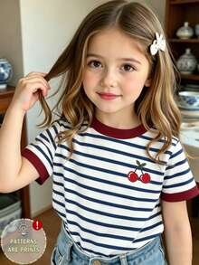 Souflis Souflis Young Girls Casual Comfortable Fashion Striped Collar And Cuff Contrast Print Cherry Pattern Short Sleeve Round Neck T-Shirt Summer Suitable For Tops - Multicolor - View 1