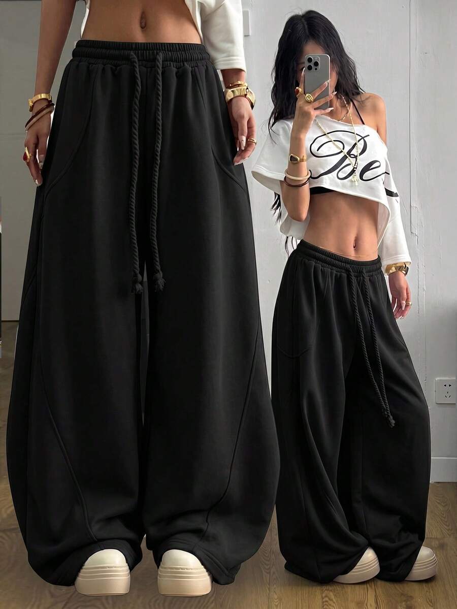 Coolane 女款秋冬街頭風保暖外出休閒寬鬆彈性腰帶舒適彎刀黑長褲 - 黑色 - 查看 1