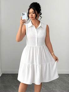 Elenzga Plus Size Summer Casual Solid Color Sleeveless Dress - White - View 4