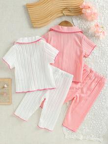 SHEIN 嬰兒與幼兒 0-3 歲 4 件套，白色與粉色領口短袖紋理布料套裝，適合日常穿著、休閒、居家及更多場合 - 彩色 - 查看 3