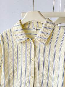 SHEIN Tween Girl Striped Long Sleeve Single-Breasted Casual Loose Shirt - Yellow - View 4