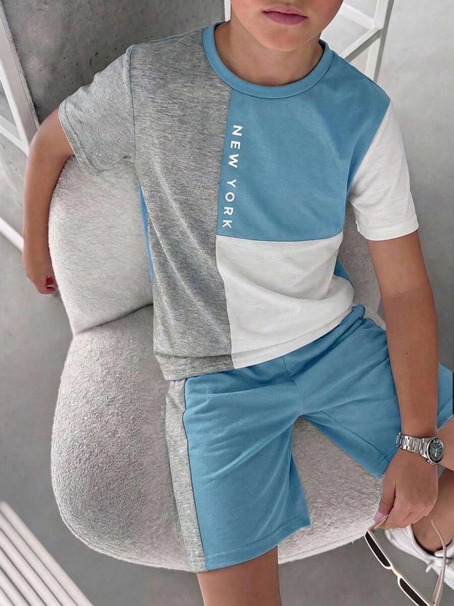 SHEIN 2pcs Kids Tween Boy Casual Contrast Color Crew Neck Short Sleeve T-Shirt And Shorts Set, Suitable For Commuting, School, Daily Casual Outings, Sports, Spring/Summer, Beach Vacation - Blue - View 1
