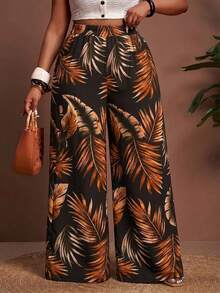 Slaydiva Plus Size Vacation Casual Boho Botanical Print Wide Leg Pants Beach Gym Brown Autumn Fall - Multicolor - View 5