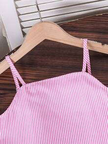 SHEIN 2件組女童休閒時尚極簡條紋布料後方抓皺細肩帶背心與條紋布料鬆緊腰寬腿長褲，寬鬆版型，舒適實用，適合秋季、春季、夏季，日常穿著、通勤、戶外玩耍、運動、學校、街頭穿搭、派對與拍照 - 粉色 - 查看 4