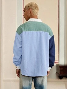 SWAVVY 1件男士Y2K趣味休閒版型高街復古風燈芯絨夾克，對比色翻領，返校季秋季萬聖節穿搭 - 彩色 - 查看 2