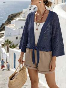 SHEIN Holidaya Women's Solid Color Casual Versatile Daily Outing Cardigan - Royal Blue - View 3