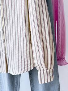 SHEIN Teen Girls Shirt Striped Texture Back To School Blouses Summer White Bow-Tie Peter Pan Collar Preppy Casual, Early Autumn Preppy Style,Versatile - Apricot - View 4
