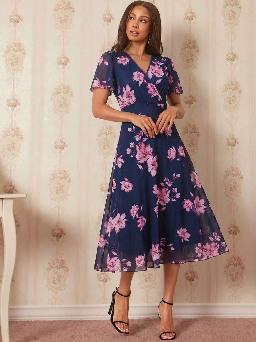 Amorya 女款V領花卉印花休閒派對中長洋裝