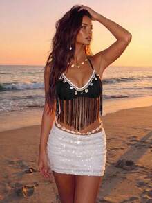 Aloruh Women's Vacation Shell Trim Tassel Design Fashion Sexy Halter Neck Tank Top - Black - View 6