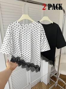 SHEIN 兒童青少年女孩休閒優雅純黑色蕾絲拼接與圓點印花不對稱下擺寬鬆短袖2件組T恤套裝，春/夏黑色上衣圓點上衣2件組 - 黑與白 - 查看 2