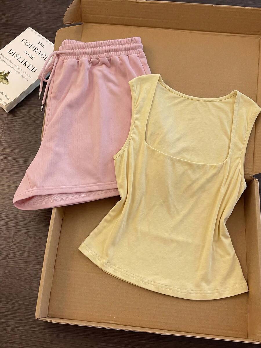 Sweetra Plus Size Wide Strap Square Neck Cinched Cinched Waist Tank Top Wide Leg Drawstring Sports Shorts 2pcs Set Vacation Summer Butter Yellow Pink - Multicolor - View 1