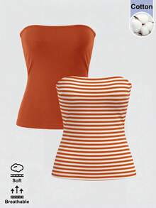 SHEIN BASICS 女款休閒條紋素色抹胸上衣 - 鏽棕色 - 查看 8