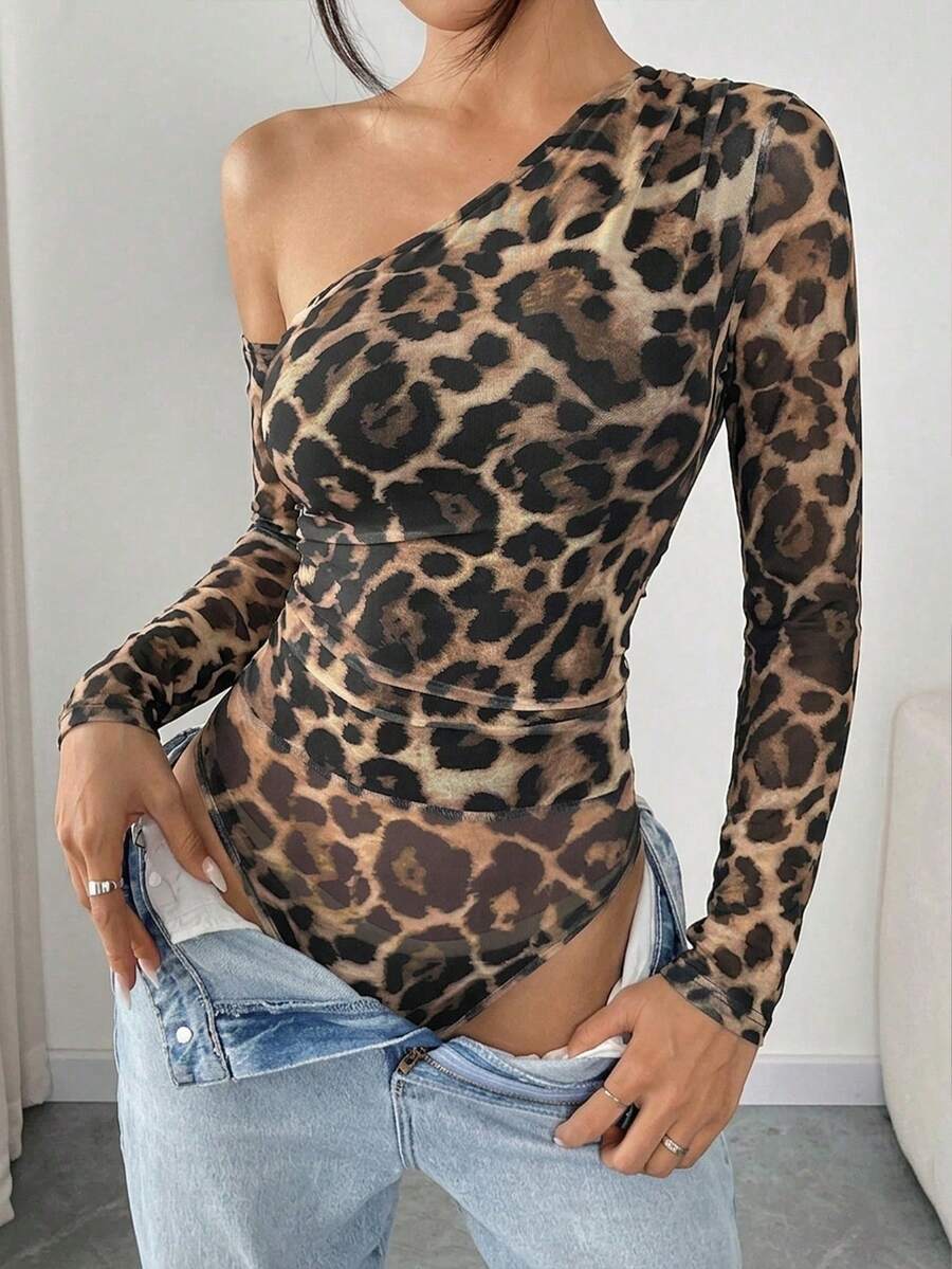 SHEIN 女士时尚豹纹网眼透视肩长袖紧身衣 - 棕色 - 查看 1