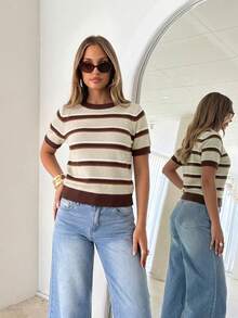 Siren Gaze Women's Round Neck Brown And Cream Patchwork Casual Retro Vintage Preppy Versatile Daily Everyday School Outing Knit Top Back-To-School Autumn - Multicolor - View 6