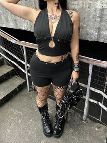 Whyspr Plus Size Women's Y2K Style Black Spaghetti Strap Cutout Top Rivet Waist-Cinched Slimming High-Waist Shorts With Eyelet Decor, 2 Pieces Concert Summer - Black - View 5