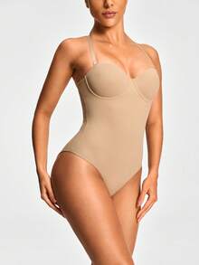 SHAPORA 1 件女士纯色细肩带交叉后背简约休闲紧身衣 - 卡其色 - 查看 3