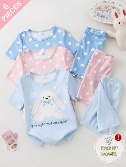 Bộ 6 món đồ mặc nhà cho bé gái, áo thun ngắn tay cổ tròn ôm sát và quần short, vải dệt kim co giãn cao, họa tiết hoạt hình thỏ, chấm bi và trái tim, phong cách ngọt ngào dễ thương thanh lịch, thường ngày năng động thoải mái