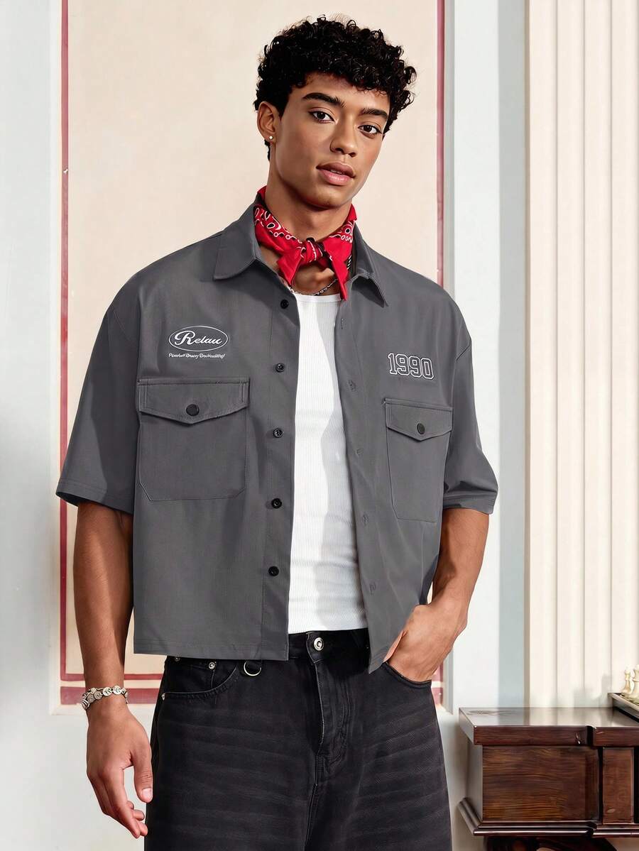 SWAVVY Spring/Summer Men's Embroidered Short Sleeve Casual Shirt - Dark Grey - View 1