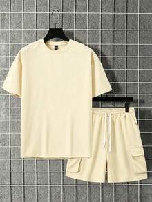 Manfinity Homme Men's Short Sleeve Crew Neck Drop Shoulder T-Shirt And Drawstring Pocket Shorts Solid Color 2-Piece Set - Beige - View 3