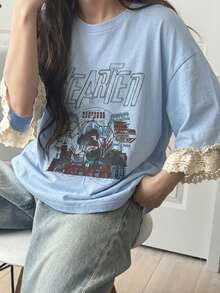 FRIFUL Kaos Wanita Kasual Longgar dengan Motif Huruf dan Patchwork Renda, Campuran Katun yang Bernapas, Serbaguna untuk Musim Semi/Panas. - Biru - View 5