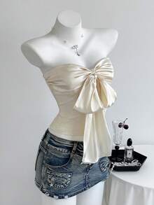 TRNVIE Spring/Summer Vacation Style Strapless Color-Block Jacquard Patchwork Tie-Up Multi-Way Wear Fitted Women's Top - Apricot - View 3