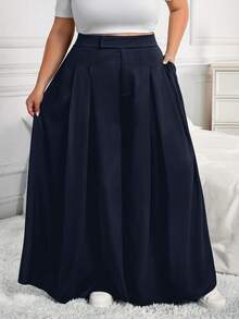 SHEIN CURVE+ CURVE PLUS /Valentine's Day/Plus Size Women's Pleated Loose Pants, Spring/Summer - Navy Blue - View 3