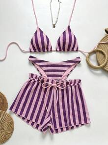 Swim Chiccia 女款度假海灘條紋泳衣套裝 - 粉色 - 查看 6