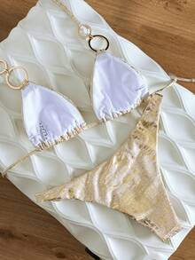Swim SXY 女款性感度假音樂節風格比基尼套裝，掛脖綁帶上衣配金色環飾與金箔紋理，高衩三角泳褲，2件式泳衣，適合海灘度假與泳池派對 - 彩色 - 查看 6
