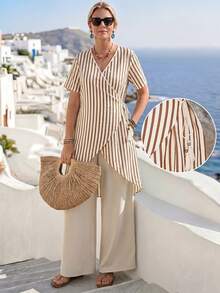 Lacomfia Plus Size Women's Beige Casual Boho 2-Piece Set, Long Loose Fit Top With Beads, Tassels And Drawstring, Paired With Wide Leg Pants, Vacation - Khaki - View 4