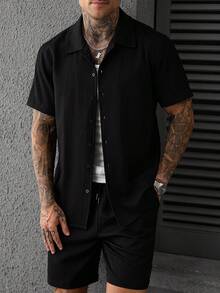 SLATEMANN Men's Solid Color Single-Breasted Short Sleeve Shirt And Shorts Casual Daily Set - Black - View 6
