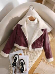 SHEIN Tween Girl Casual Street Chic Motorcycle Collar Metal Zipper Closure PU Lined Fleece Composite Fleece Short Long Sleeve Lapel Patchwork Faux Fur Jacket Coat, Black In Fall/Winter - Burgundy - View 3