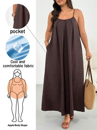 Shapeblank Plus Size Women's Spring/Summer Fashion Casual Loose Cool Comfortable Daily Chocolate Brown Spaghetti Strap Dress With Pockets, Vacation Outfit