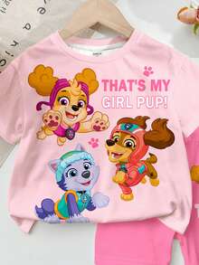 SHEIN | PAW Patrol 女童休閒簡約短袖上衣與短褲兩件套，適合夏季，經典可愛勇敢卡通動漫可愛圖案印花 - 彩色 - 查看 3