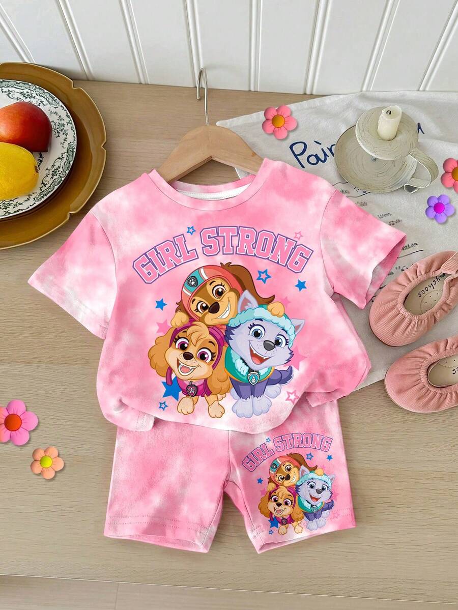 SHEIN | PAW Patrol 女嬰休閒簡約圓領寬鬆短袖T恤 & 緊身底層單車短褲套裝,適合春夏季,經典可愛卡通動畫印花,Skye可愛小狗爪印 - 彩色 - 查看 1