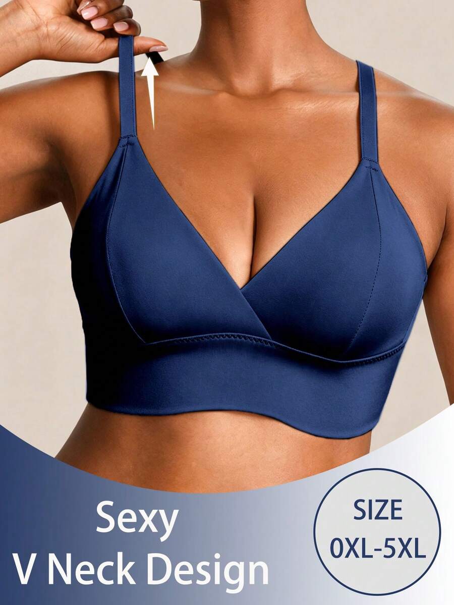 SHEIN Plus Size Women's Solid Color Casual Everyday Adjustable Strap Bra - Navy Blue - View 1