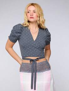 COUREZ Puff Sleeve Polka Wrap Cardigan Top Y2K French Cute Matching Summer Outfits For Women Casual Autumn Going Out Everyday Date Rave Blue Polka Dot - Grey - View 4