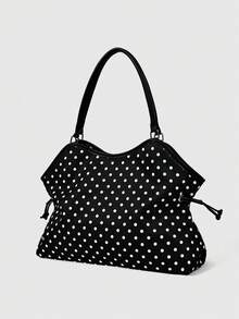 ROMWE Kawaii 1Pc Brown Cute Strawberry Bow Pendant Y2K Retro Polka Dot Letter Embroidery Badge Flower Print Women's Tote Bag, Large Capacity Women's Shoulder Bag - Black polka dot - View 5