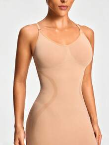 SHEIN Đầm định hình liền mạch dạng dây mảnh Spaghetti Shapewear Body Shaper nâng ngực & mông Kiểm soát eo bụng đùi - Màu be - Xem 5