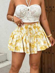Sunnyshic Plus Size French Vintage Print Shorts, Shirred, Lace-Up, Ruffle, Elastic Waist Concealing Shorts, Blue Porcelain White Ruched Ruffle Mini Pants, High Waist Patchwork Gathered Pants, Suitable For Summer Vacation And Beach Trips, Travel Photography, Dating - Multicolor - View 4
